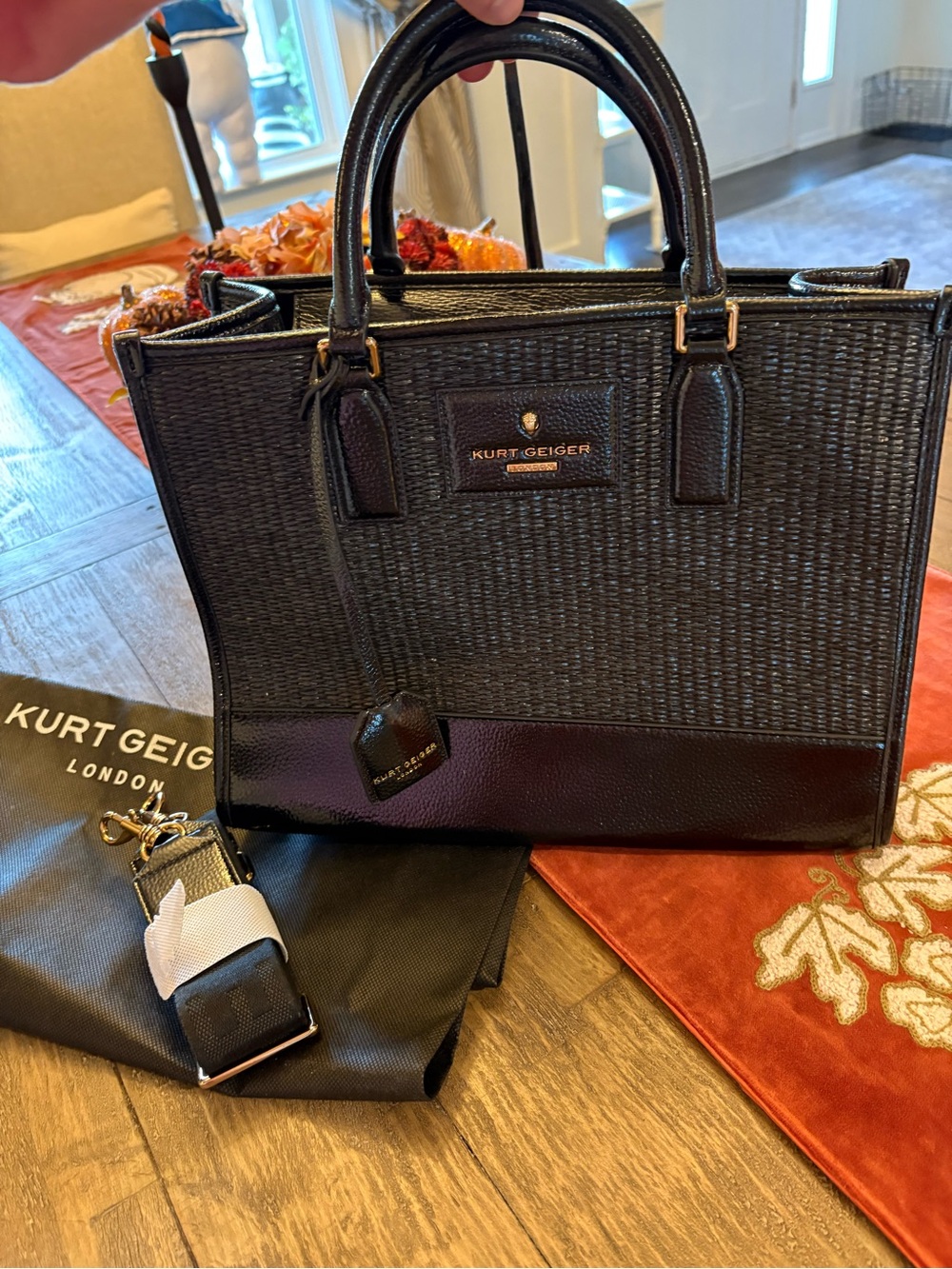 Kurt Geiger Black Woven Satchel with Detachable Strap & dust bag NWOT